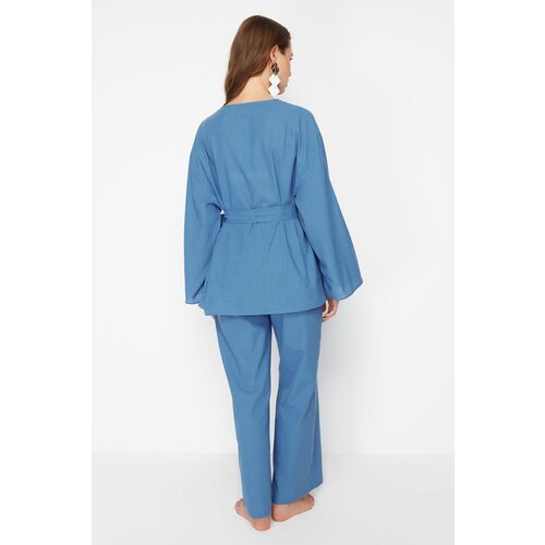 Trendyol Blue Belted Woven Embroidered Kimono Trousers Set Cene