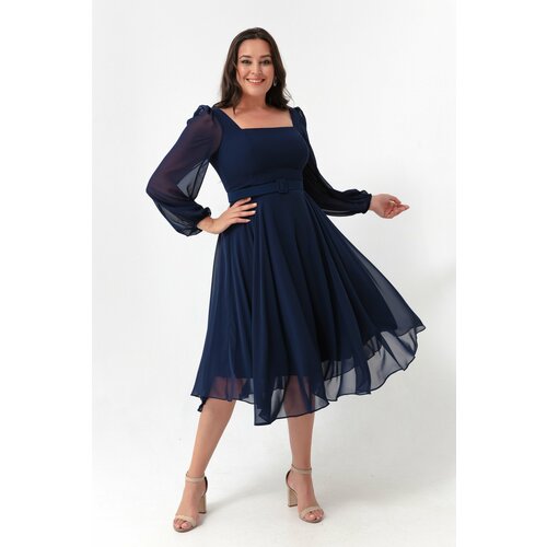Lafaba Women's Navy Blue Square Collar With Belt, Midi Chiffon Plus Size Evening Dress. Slike