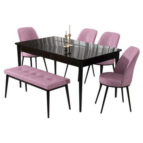 Hanah home trpezarijski set Pir, sto, 4 stolice i klupa, ploča u dekoru crnog mermera, roze tkanina Babyface Cene