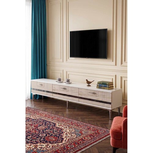 Hanah home TV komoda Ilay, 180 cm, bela / travertin / srebrna Cene
