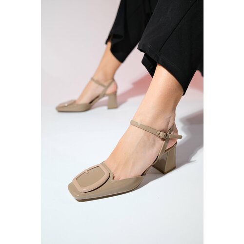 LuviShoes TIENO Women's Dark Beige Patent Leather Open Back Chunky Heel Shoes Cene