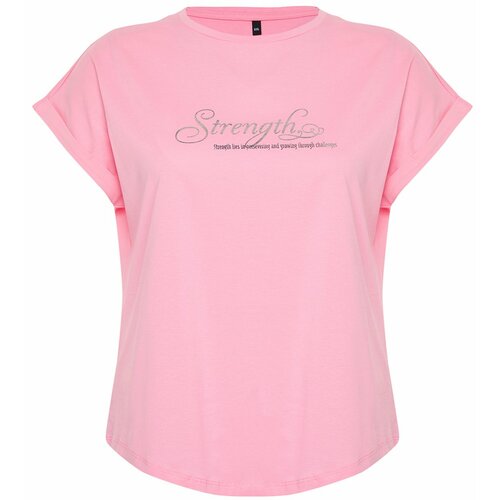 Trendyol Curve Pink Printed Oval Cut Boyfrind Knitted T-shirt Cene
