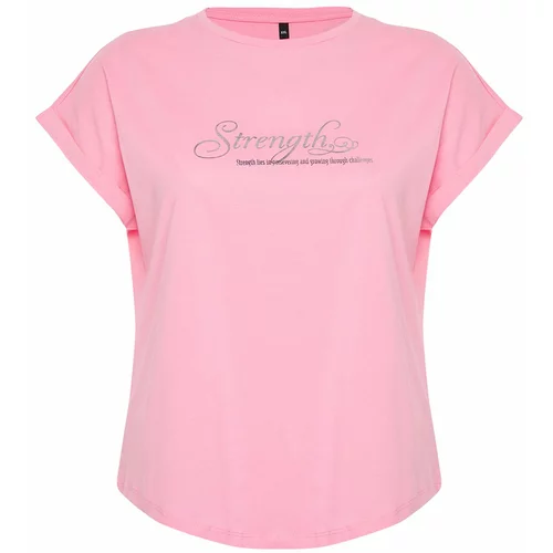 Trendyol Curve Pink Printed Oval Cut Boyfrind Knitted T-shirt