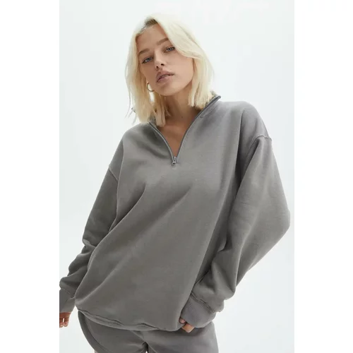 Madmext Dyed Gray Zipper Detailed Oversize Sweatshirt