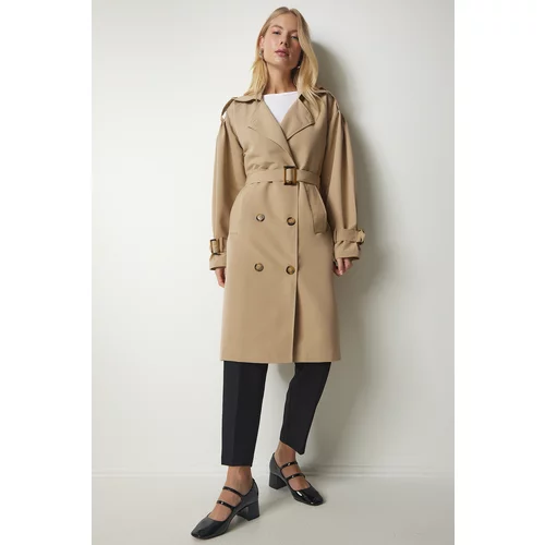 Happiness İstanbul Women's Beige Double Breasted Collar Trench Coat with a Belt