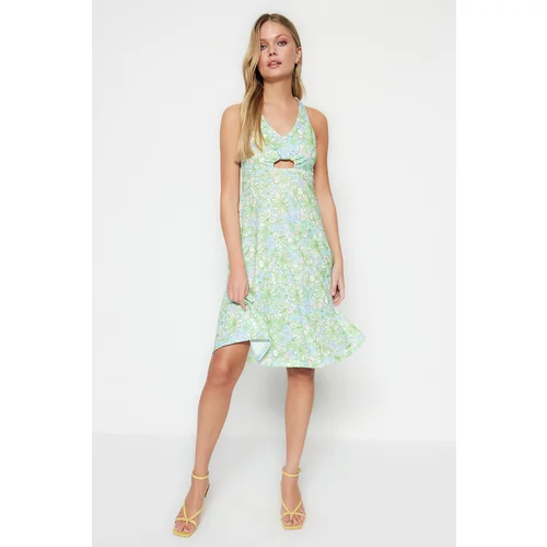 Trendyol Mint Floral Pattern Cut Out Detailed A-Line Mini V-Neck Crepe Knitted Dress