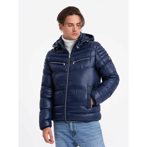 Ombre Men's winter quilted jacket with decorative zippers - dark blue Cene