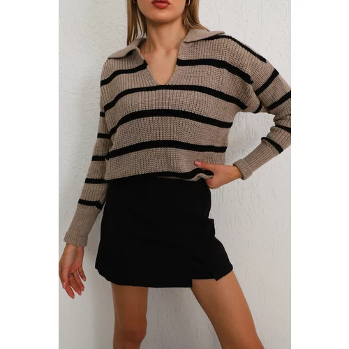 BİKELİFE Women's Mink Polo Neck Striped Thick Knitwear Sweater