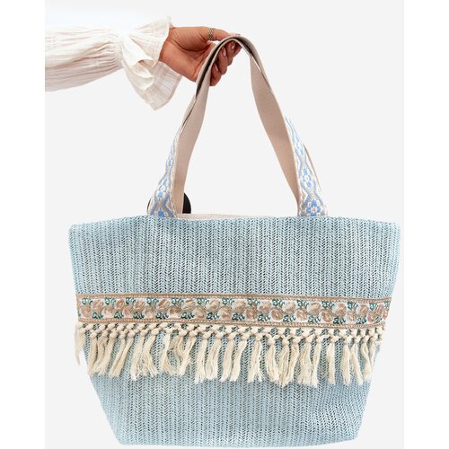 Kesi Woven Large Beach Bag with Fringe Blue Missalori Cene