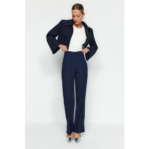 Trendyol Navy Blue Straight Leg Trousers With Loop Detail, Woven Ribbed Trousers Cene