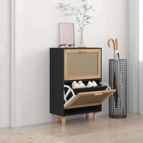 Ormarić za cipele crni 52 x 25 x 80 cm drvo i prirodni ratan Cijene