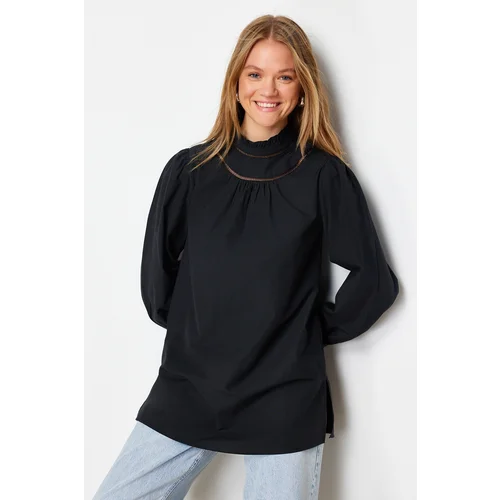 Trendyol Black Woven Cotton Tunic with Embroidery Detail on Collar