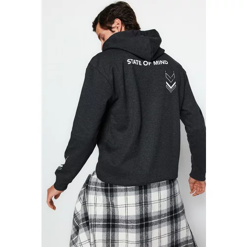 Trendyol Anthracite Men's Relaxed/Comfortable Cut Text Printed Soft Feather Inner Sweatshirt
