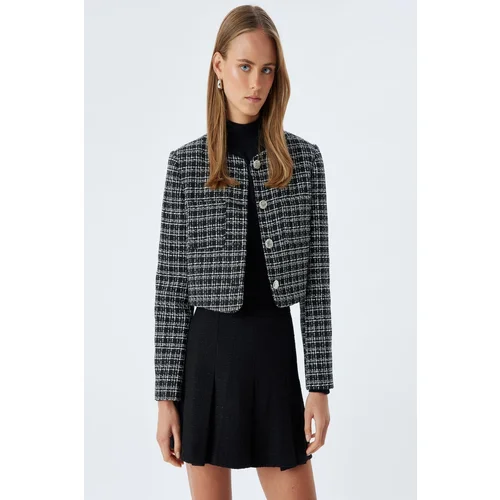 Koton Tweed Crop Jacket Round Neck Pocket Detail Buttoned Wool Blend