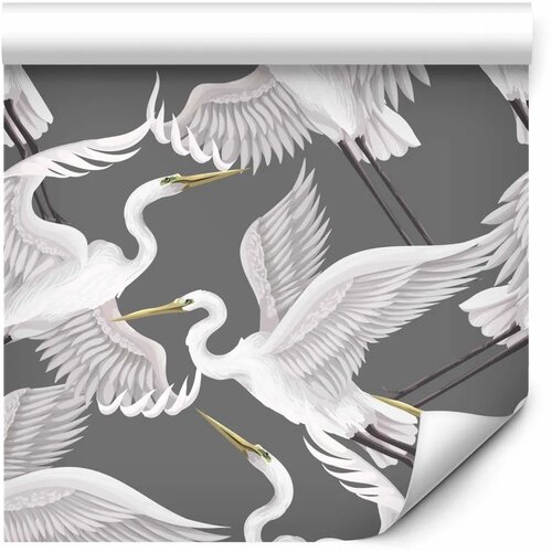  Tapeta - Flying birds &amp;ndash; a delicate pattern of white and grey herons on a grey background 50x1000 Standard Slike