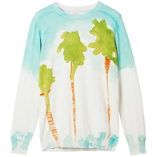 Desigual Sweater majica akvamarin / smeđa / travnato zelena / bijela
