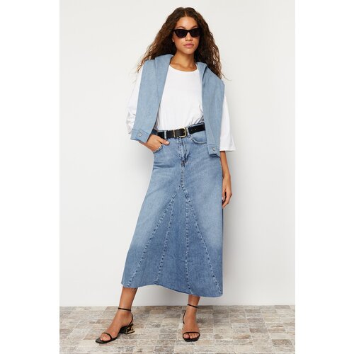 Trendyol Blue Flounce Stitch Detail High Waist Maxi Denim Skirt Slike