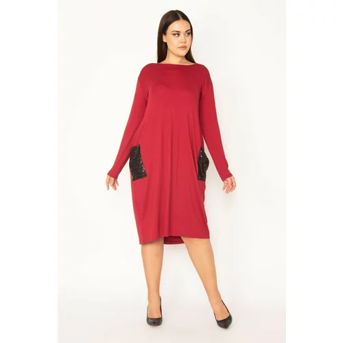 Şans Women's Plus Size Burgundy Pocket Sequin Detail Viscose Dress