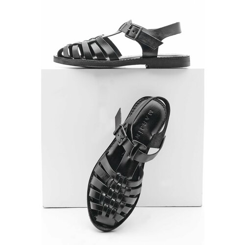 Marjin Women's Genuine Leather Lightweight EVA Sole Daily Sandals, Black Kesva. Slike
