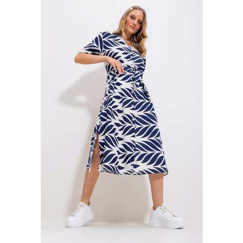 Trend Alaçatı Stili Women's Navy Blue Leaf Patterned Short Sleeve Shirt Dress Cene