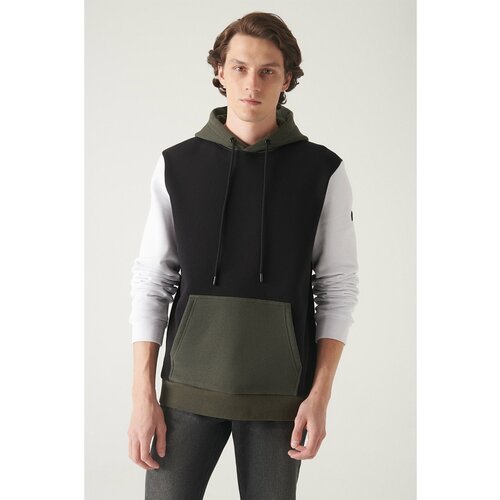 Avva Men's Black-white Hooded Collar 3 Thread Fleece Inside Colorblock Standard Fit Regular Fit Sweatshirt Slike