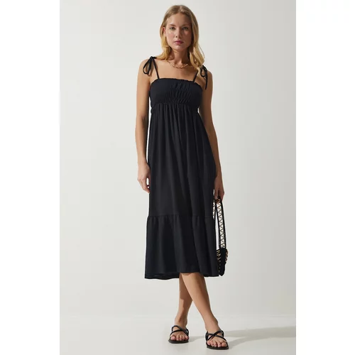 Happiness İstanbul Women's Black Strappy Crinkle Summer Knitted Dress