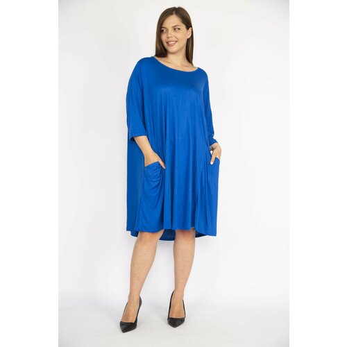 Şans Women's Saks Plus Size Relaxed Cut Capri Sleeved Pocket Dress Slike