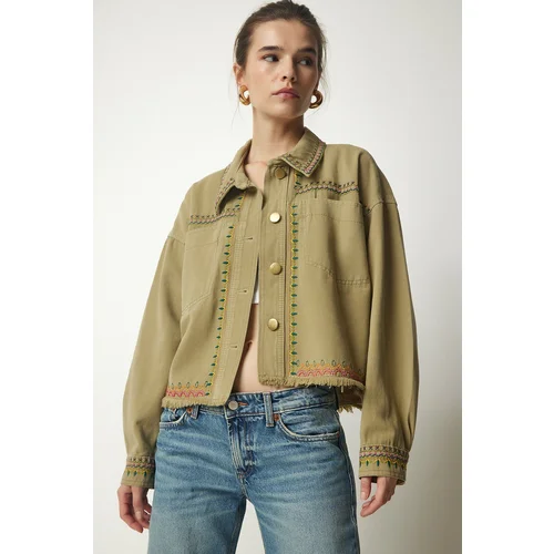  Women's Khaki Embroidered Tasseled Oversize Denim Jacket