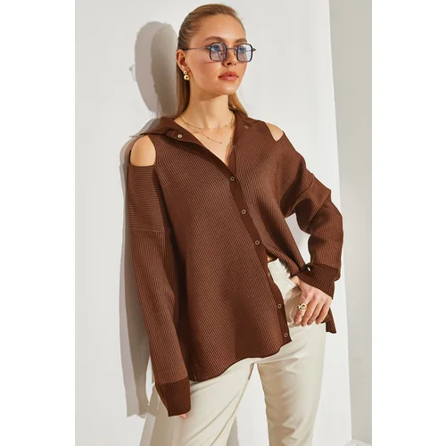 Bianco Lucci Women's Off-the-Shoulder Collar Knitwear Cardigan