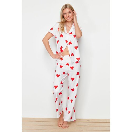 Trendyol White 100% Cotton Heart Knitted Pajamas Set Slike