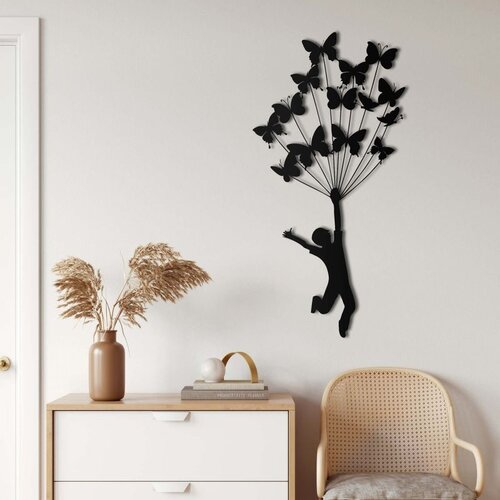 Wallxpert metalni zidni ukras 5330, dečak koji leti držeći leptire kao balone, 38 x 75 cm, crni Slike