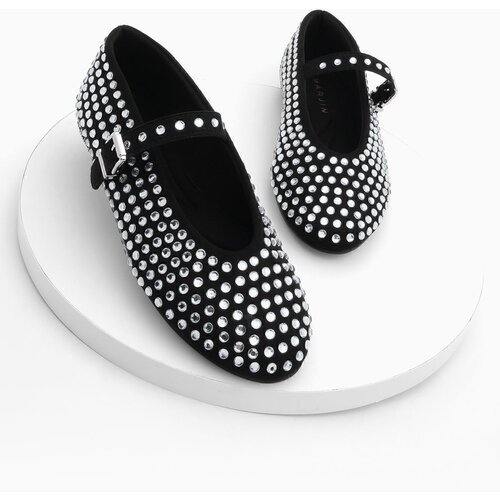 Marjin Women&amp;#039;s Helmet and Stone Ballet Flat Shoes Mary Jane Tevila Black Slike