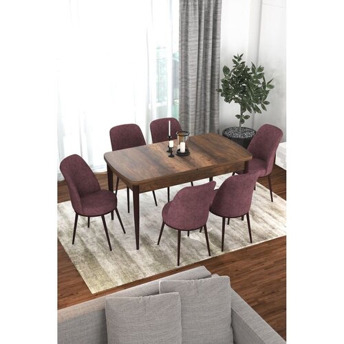 Hanah home trpezarijski set Via, sto na razvlačenje i 6 stolica, ploča u dekoru drveta Baroque, puder roze tkanina Jerry Cene