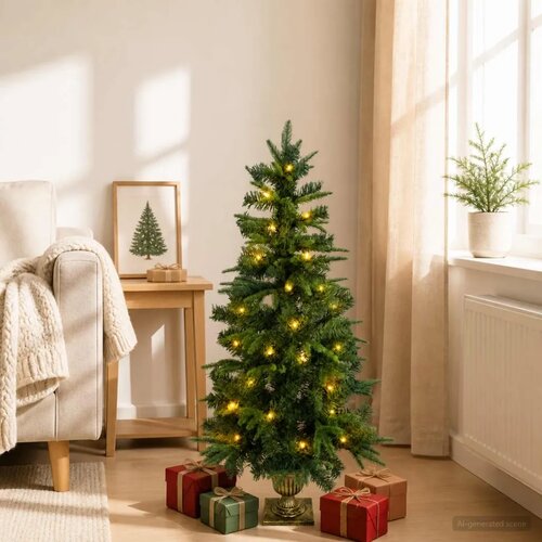 Mini božićno drvce 120 cm 100 LED lampica Topla bijela PVC i PE - Zelena 120 cm s LED svjetlima Slike