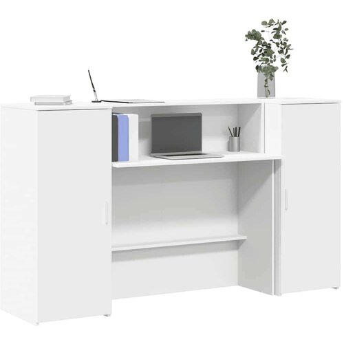  pisalna miza z recepcijskim pultom in omarami, inženirski les, bela, 180x50x103,5 cm Cene