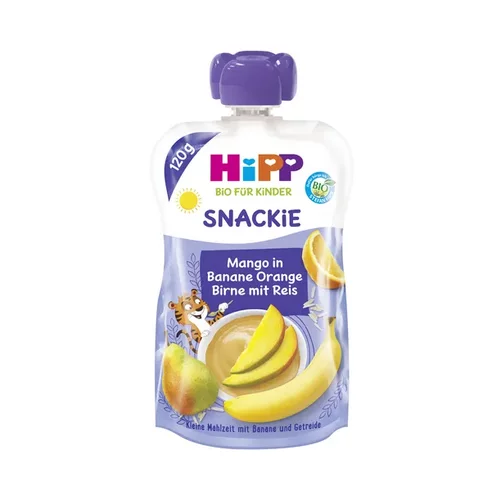 Hipp Bio vrečka za stiskanje Snackie - mango, banana, pomaranča in hruška z rižem