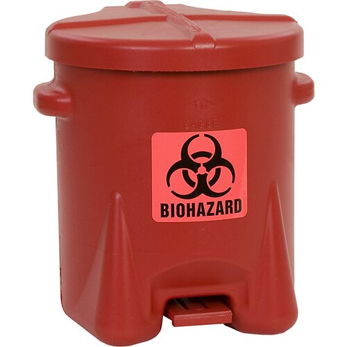 Justrite Varnostna PE-posoda za odstranjevanje biološko nevarnih odpadkov, nalepka za biološko nevarnost BIOHAZARD, prostornina 23 l, s pedalom, rdeče Cene