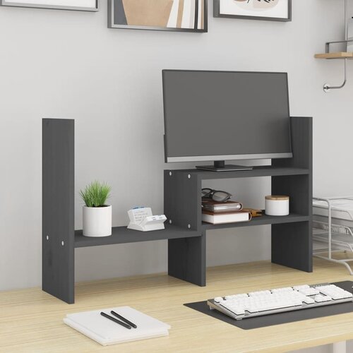 VidaXL Stalak za monitor sivi (39 - 72) x 17 x 43 cm masivna borovina Slike