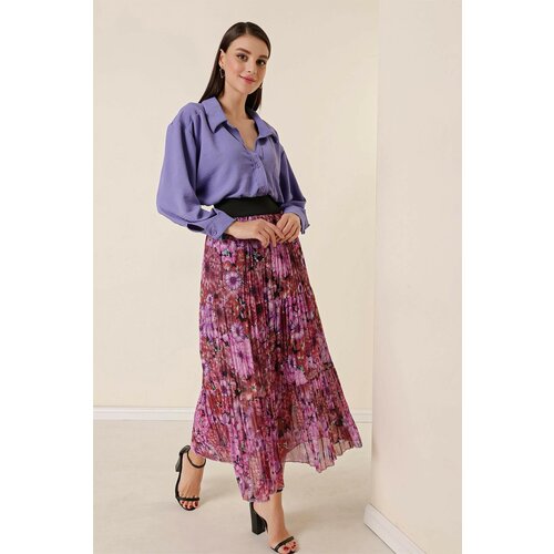 By Saygı Wide Waist, Elastic Lined Chrysanthemum Pattern Tri-Pleat Skirt Purple Slike