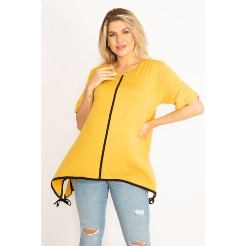 Şans Women&amp;#039;s Plus Size Mustard Piping Detailed Hem Laced Tunic Slike