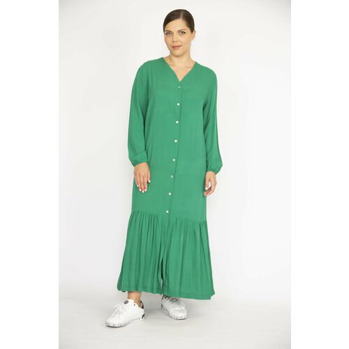 Şans Women's Green Plus Size Woven Viscose Fabric Front Length Buttoned Long Sleeve Dress Slike