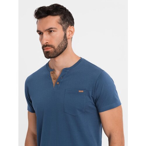 Ombre Men's T-shirt with button neckline and suede trim - dark blue Cene