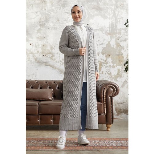 InStyle Jolie Knitted Patterned Knitwear Long Cardigan - Gray Slike