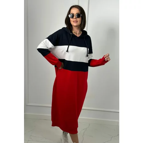 Kesi Three-color hooded dress dark blue + white + red