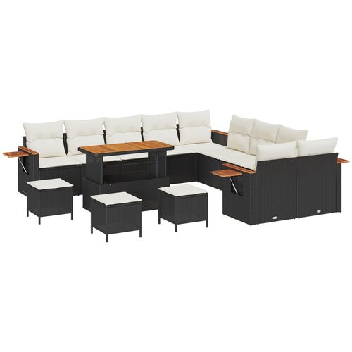 VidaXL 14 komadni vrtni sofa set s jastucima Crni Poli Ratan Akacija, 4 komadni vrtni set za objedovanje s jastucima Crni Poli Ratan Akacija Slike