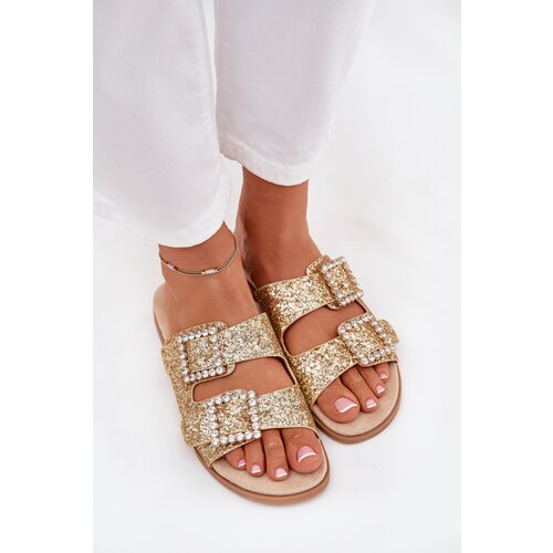 Boto Shiny embellished flip flops with buckles on flat heel gold Tovira Cene