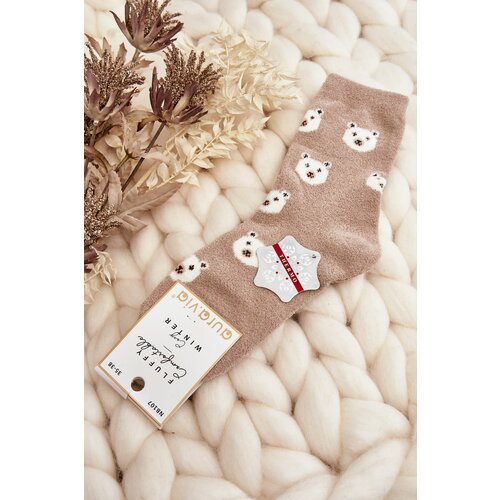 Kesi Women's warm socks with teddy bears and polka dots, beige Slike