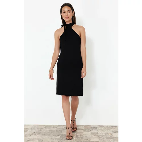 Trendyol Black Straight Knitted Dress with Tie Detail