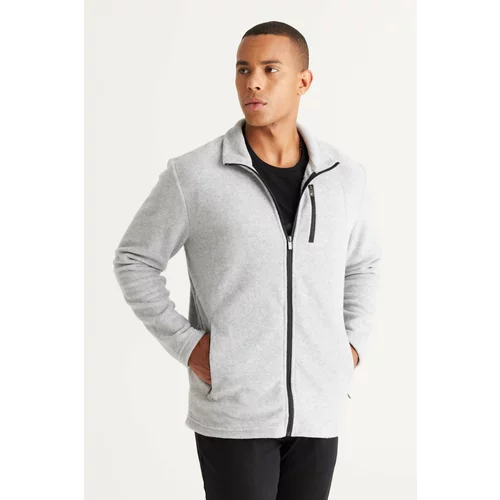 AC&Co / Altınyıldız Classics Men's Gray Melange Standard Fit Bato Collar With Pocket Zipper Cold-Proof Sweatshirt Fleece Jacket.