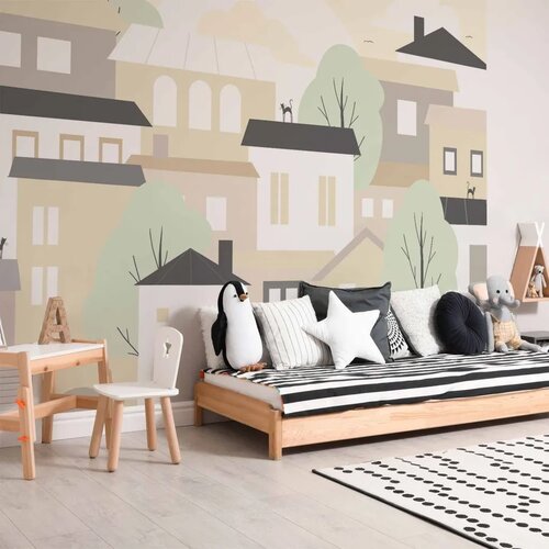  Foto tapeta - Yellow town - city suburb with trees and cats for children 196x140 Samoljepljiva Cijene
